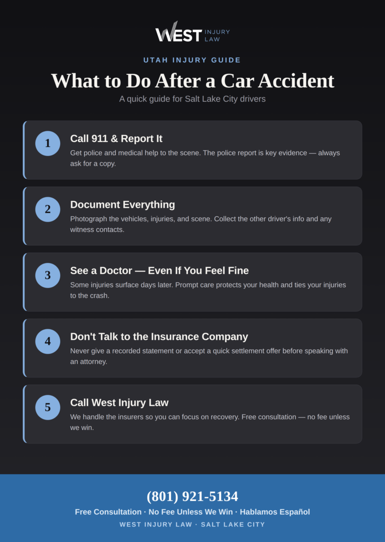 Infographic: 5 steps to take after a car accident in Salt Lake City — call 911, document the scene, see a doctor, don't talk to insurers, and call West Injury Law.