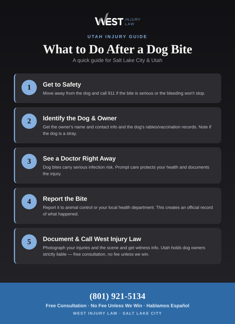 Infographic: 5 steps to take after a dog bite in Salt Lake City — get to safety, identify the dog and owner, see a doctor, report the bite, and call West Injury Law.
